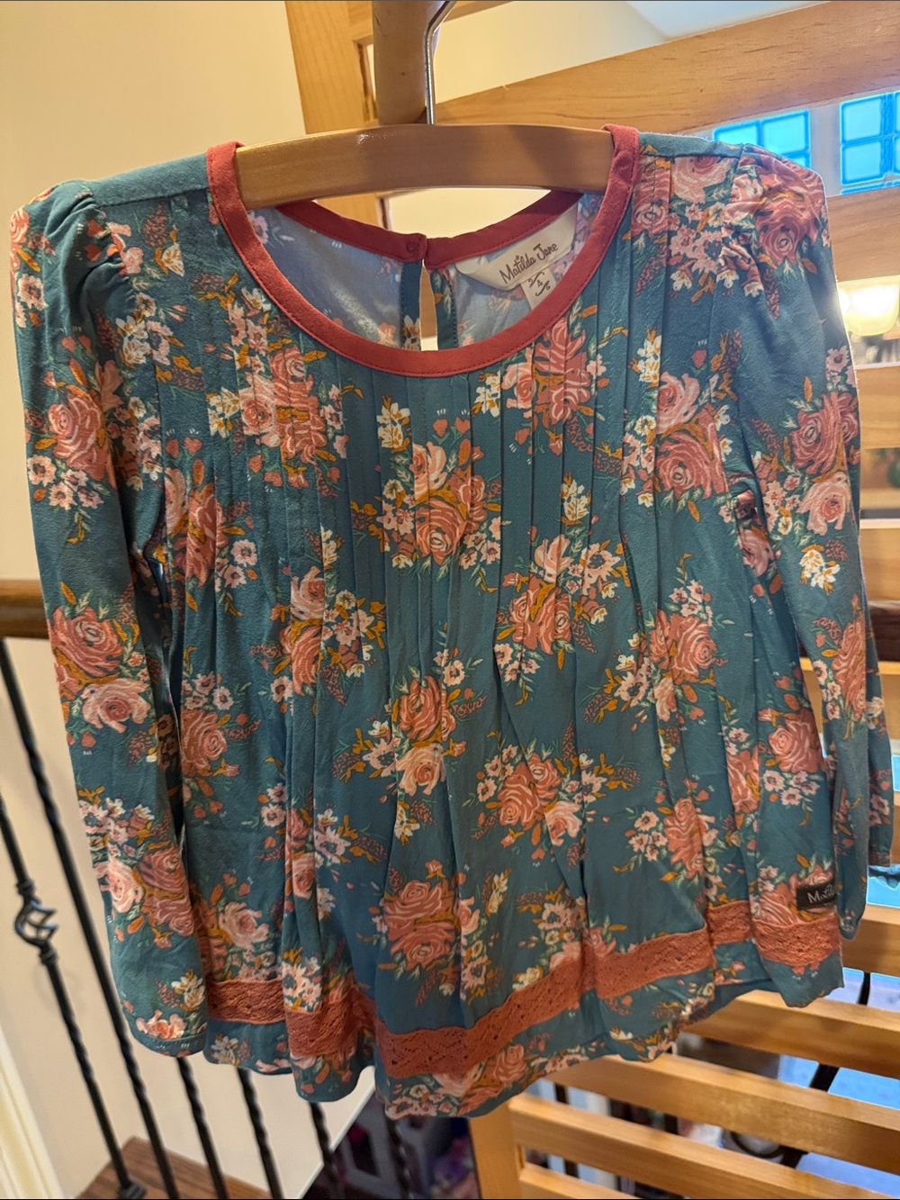Matilda Jane Teal Floral Long-Sleeve Blouse with Pink Roses